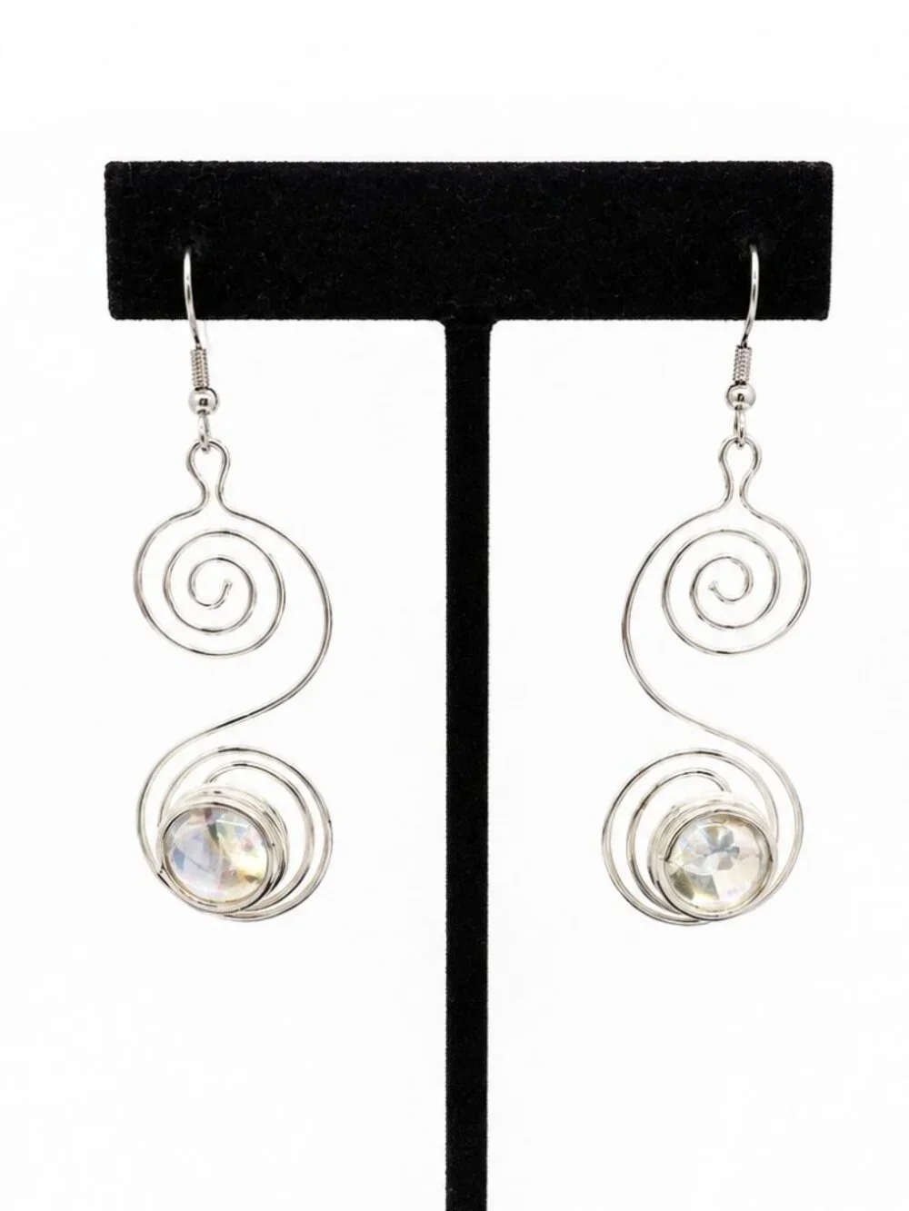 SILVER TONE EARRINGS Spiral Wire Iridescent Cabochon Modernist Dangle Pierced